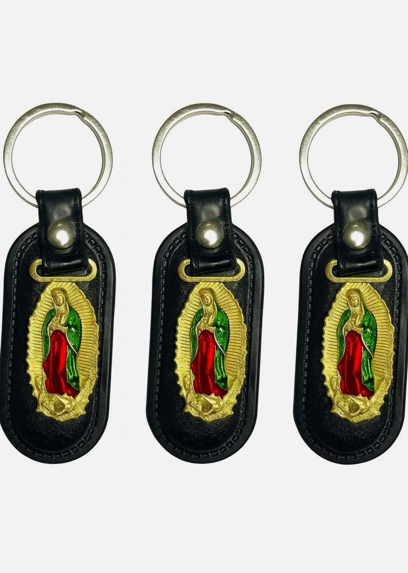Virgencita Stainless steel and leather keychain
